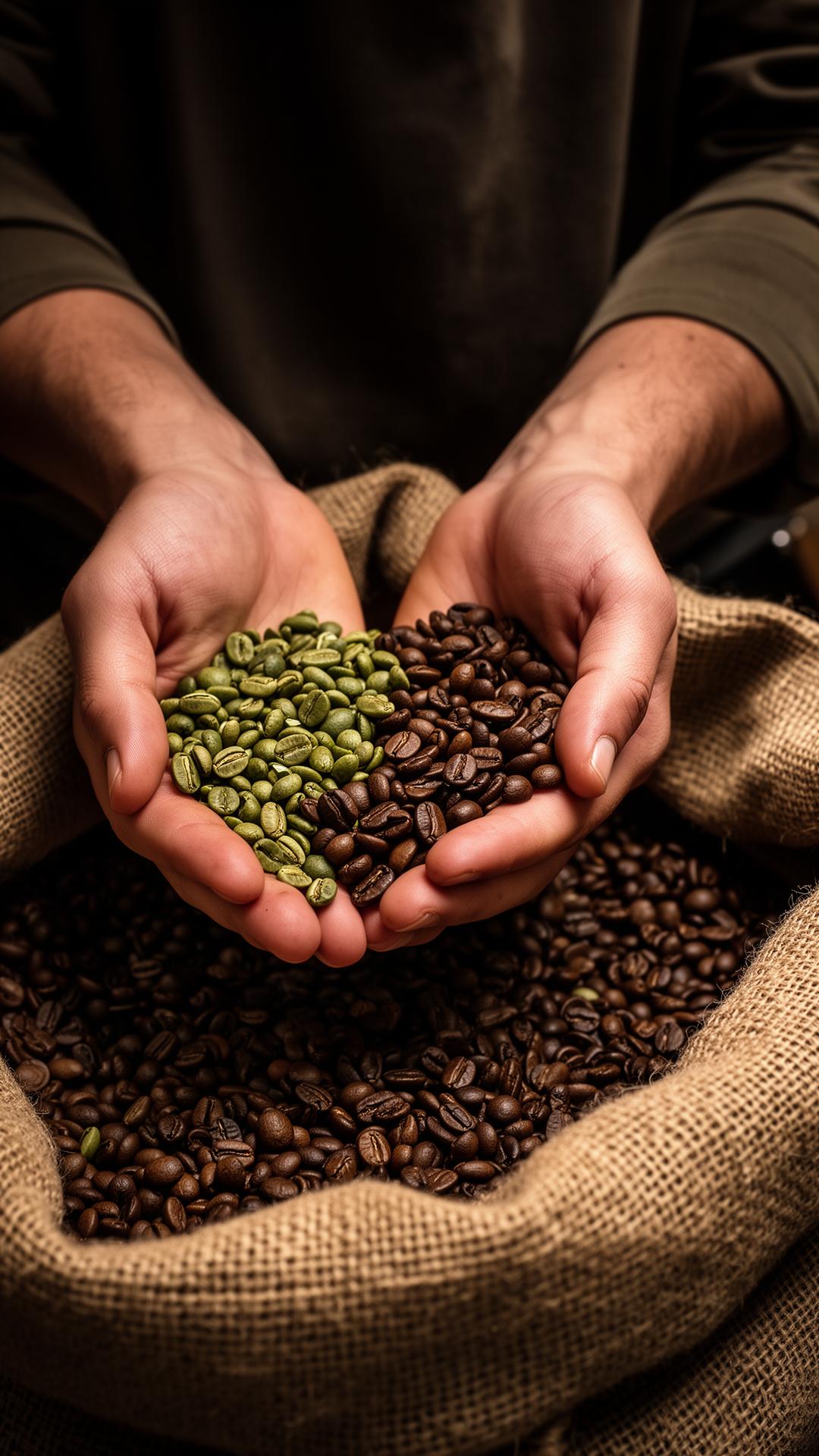 Hands holding green and roasted coffee beans